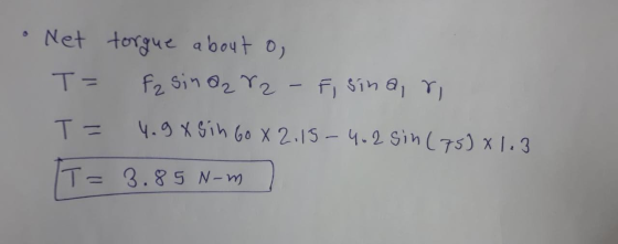 • Net torgue about o, T= Fz sina282 - Fisina, ri T= 4.9 X Sin 60 8 2.15-4, 2 sin (75] x 1.3 T= 3.85 Nom