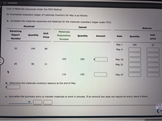 Calculator Cost of Materials Issuances Under the FIFO Method An incomplete subsidiary ledger of materials inventory for May i