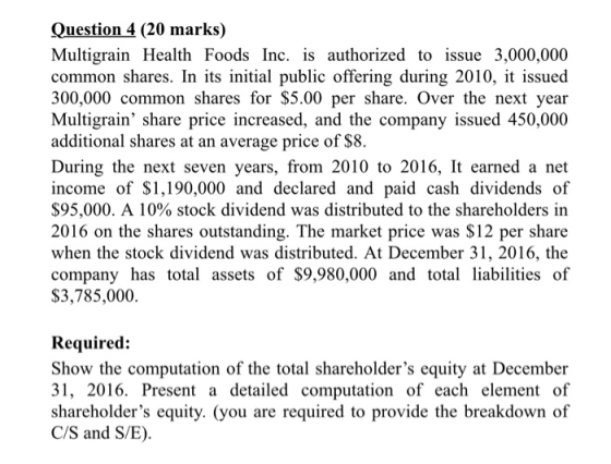 Question 4 (20 marks) Multigrain Health Foods Inc. is authorized to issue 3,000,000 common shares. In its initial public offe