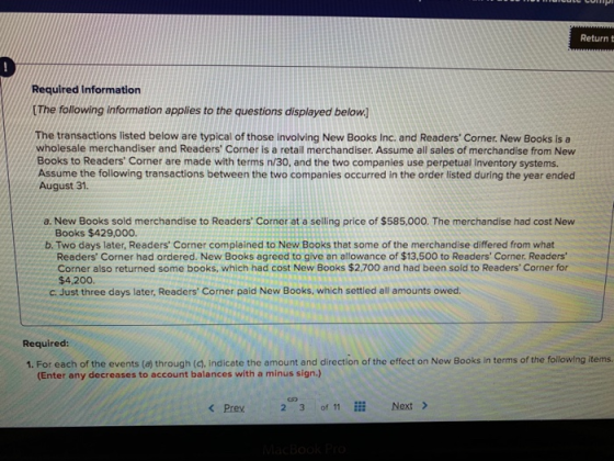 Return Required Information (The following information applies to the questions displayed below.) The transactions listed bel