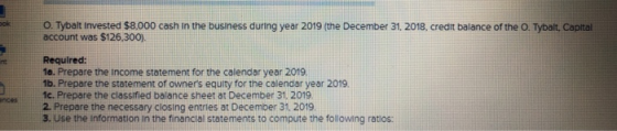 O. Tybalt Invested $8.000 cash in the business during year 2019 (the December 31, 2018, credit balance of the o. Tybalt, Capi