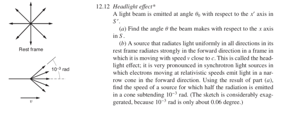 12.12 Headlight effect* A light beam is emitted at angle θ 0 with respect to the x, axis in (a) Find the angle 0 the beam makes with respect to the x axis in S (b) A source that radiates light uniformly in all directions in its rest frame radiates strongly in the forward direction in a frame in which it is moving with speed v close to c. This is called the head- light effect; is very pronounced in synchrotron light sources in which electrons moving at relativistic speeds emit light in a nar- row cone in the forward direction. Using the result of part (a) find the speed of a source for which half the radiation is emitted in a cone subtending 10-3 rad. (The sketch is considerably exag gerated, because 10-3 rad is only about 0.06 degree.) Rest frame 10-3 rad
