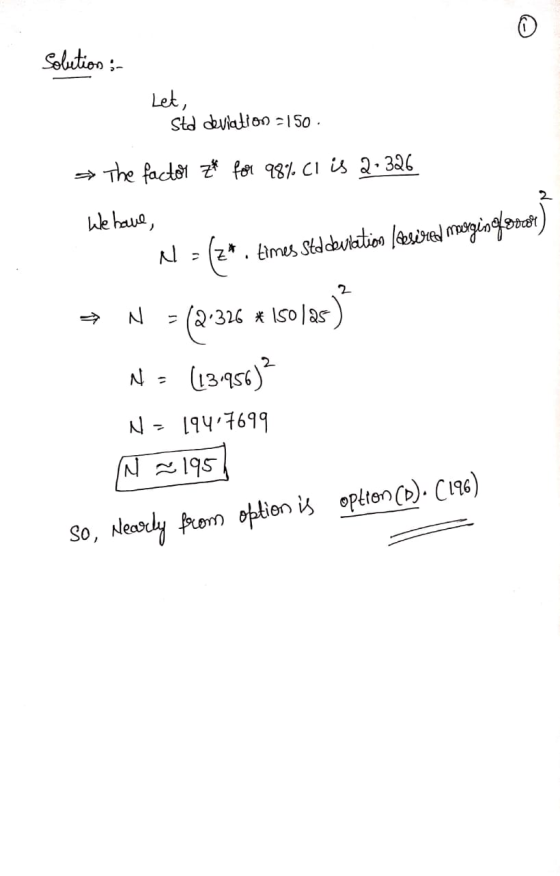 solution :- Let, Std deviation 2150 The factor Z4 for 98% CI is 2.326 We have, N = {*. times Sleddbulation desired merginofoo