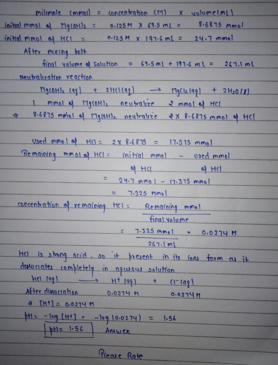 milimole (mmoll : concentration (M) X volume(mil initial mmol of M9COH)2 = 0.125 M X 69.5 m2 = 8.6875 mmol initial mmol of HC