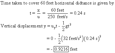 Time taken to cover 60 feet horizontal didtance is given biy 60 feet-024 s u250 feetis Vertical displacement y uyt--gt2 = 0-1(32 feet/s*)(0.24 s)2 =-10.92 161 feet