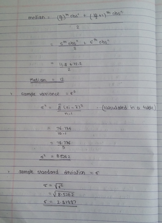 median (10)th obs² + 1 19 + 17th obs? + 6th obsn 5th obs 2 = + 12.2 11.8 2 Median = 12 Sample variance 62 8² = (xi - x)² ...