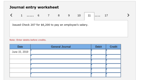 Journal entry worksheet 6 789 10 11.... 17 Issued Check 207 for $6,200 to pay an employees salary. Note: Enter debits before credits. Date General Journal Debit Credit June 15, 2019