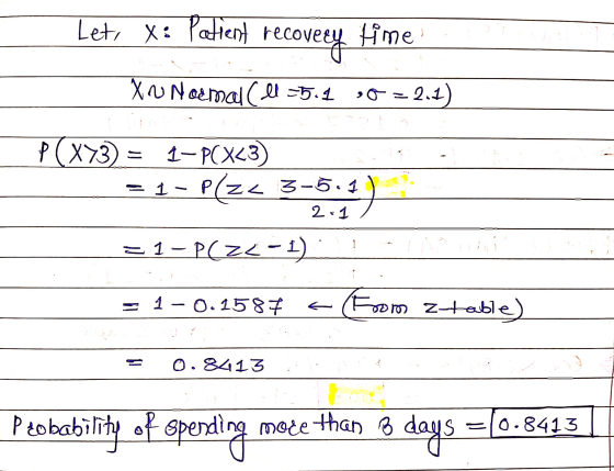 Let, x: Patient recov recovery Hime to Normal (ll -5.1 10 = 2.1) p(x>3) 1-X23) = 1 - Plzc 3-5.1 2.1 = 1 - P(ZL-1) 1 0.1587 Fr