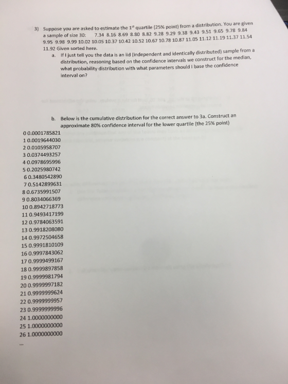 Suppose you are asked to estimate the 1st quartile (25% point) from a distribution. You are given a sample of size 30: 7.34 8