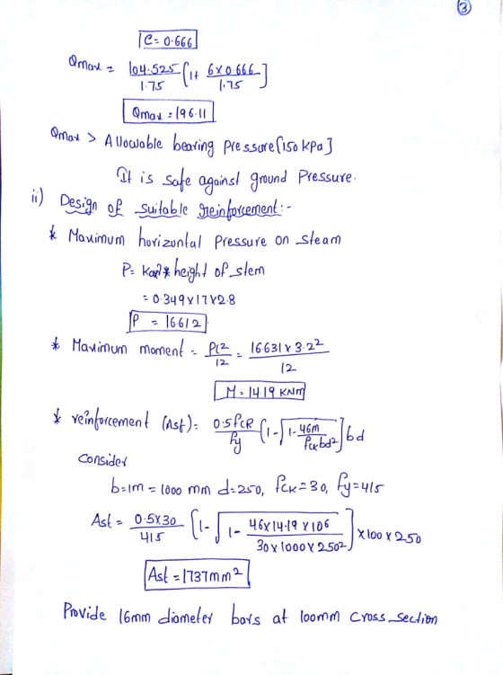 16=0.6667 104:525 (14 64. 666] Amax = 196.11 Pmax > Allowable bearing pressure (iso kPa] It is safe against ground pressure.
