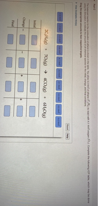 - Part The balanced reaction for the combustion of ethane is shown in the table. You allow 3.3 mol of ethane (CH) to react wi