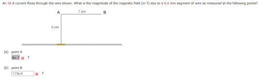 An 18 A current flows through the wire shown. What is the magnitude of the magnetic field (in T) due to a 0.4 mm segment of w