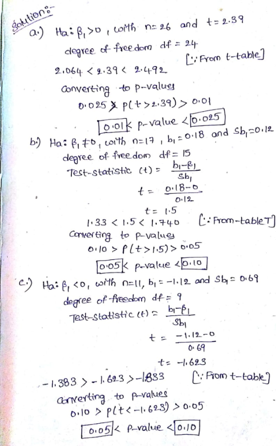 ion degree of freedom df:14 2.064<9.39く 2-492 donverting to p-valug L, From t-table] Oolk p-value <10.025 clegree of free dom df 15 Test-statistic Ct)- b- Sb 0.12 t1.5 Conwertig to p-value degree of -feecom df7 Test-Statistic t) b- t1.12-o 0 69 anverting to p-values 0105k P-value 0.101