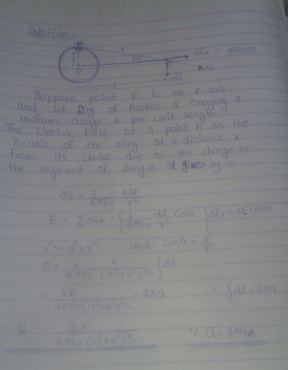 Sslotion △Eメ △C Co Ae and Unifom chaige Radiusa ata point P on axis of the aing a a distancex the segen of dengh S gwen do