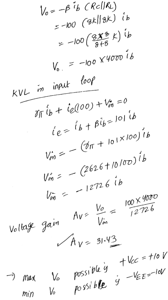Vo=-Bib CROHRL) =-100 (8k/18k) ib 5-100(BX* K) ib 8t8 Vo. = -100 x 4000 i input loop KUL in DT b + iell00) + V = 0 le=íb + Bi