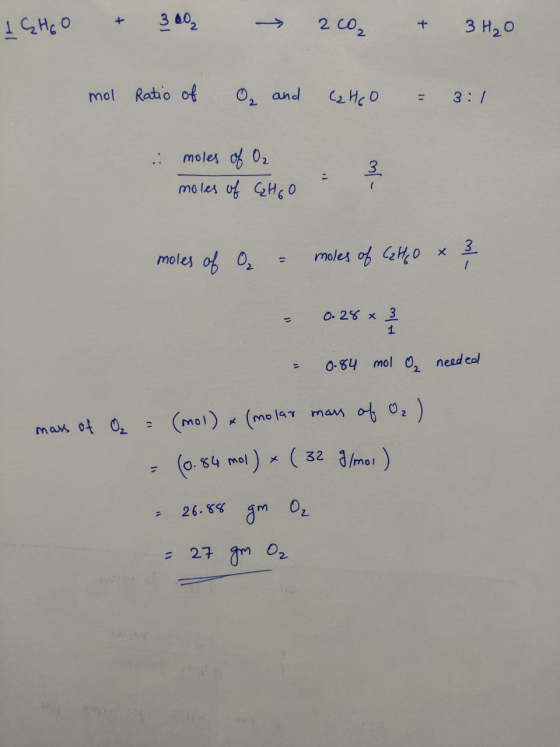3 602 1GHоO + 2 Co2 З но mol Ratio of 0, аnd 2HO 3/ 1 moles of 02 3 mo les of H0 3 moles of 0 moles of eH0 x / O. 2% x 3 1 1