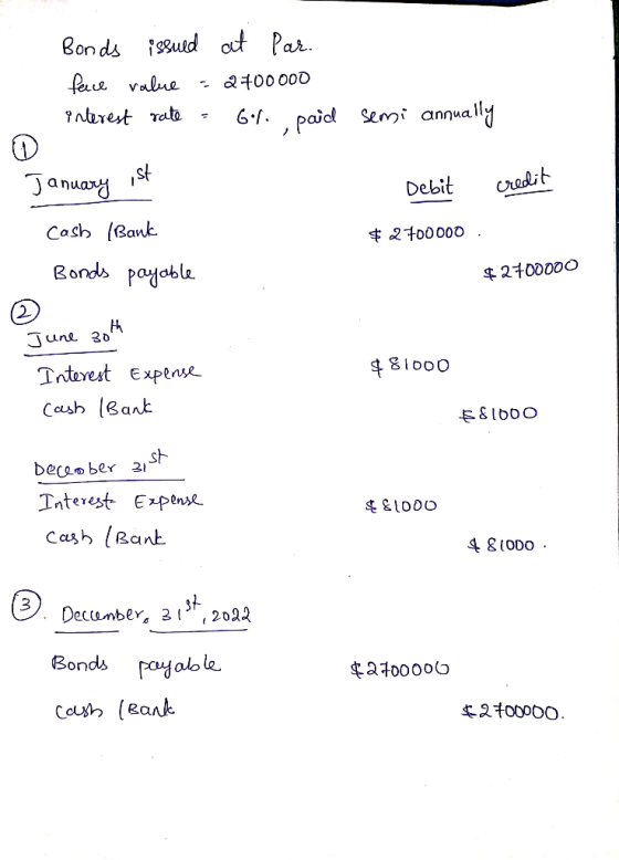 Bonds issued at Par. face value - 2700000 interest rate = 6% paid semi annually Debit credit January ist Cash (Bank Bonds pay
