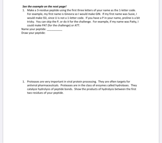 See the example on the next page! 1. Make a 3-residue peptide using the first three letters of your name as the 1-letter code