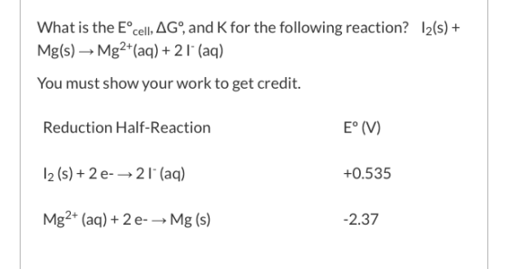 What is the Eºcell, AG, and K for the following reaction? 12(s) + Mg(s) → Mg2+(aq) +2 1. (aq) You must show your work to get