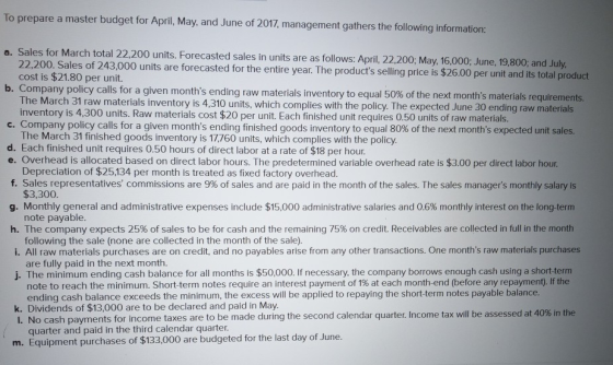 To prepare a master budget for April, May, and June of 2017, management gathers the following information: Sales for March to