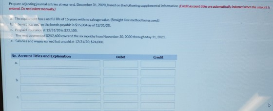 account Prewedusting journalistyear end. December 31, 2020 based on the following supplier information end. De mindent many T