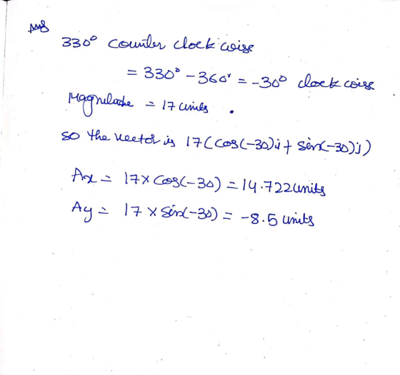 my 330° counter clock wise = 330° -360* = -300 clock coise Magneluche = 17 cines . so the vector is 17(cos(-30) it senc-30);)