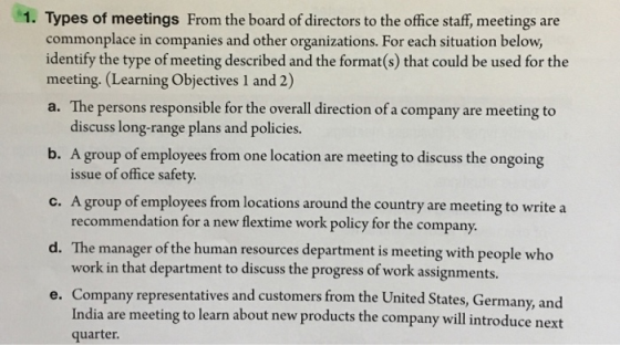 1. Types of meetings From the board of directors to the office staff, meetings are commonplace in companies and other organiz