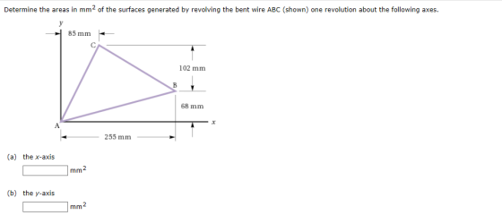 Determine the areas in mm2 of the surfaces generated by revolving the bent wire ABC (shown) one revolution about the followin