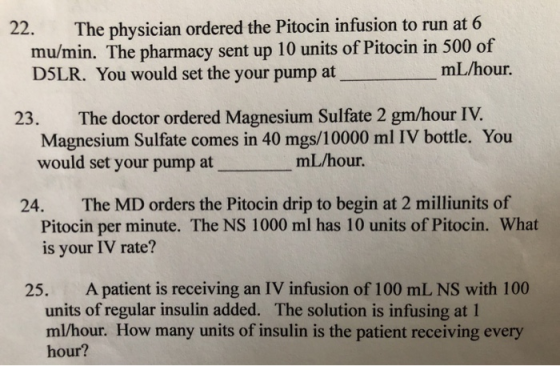 The physician ordered the Pitocin infusion to run at 6 mu/min. The pharmacy sent up 10 units of Pitocin in 500 of DSLR. You w
