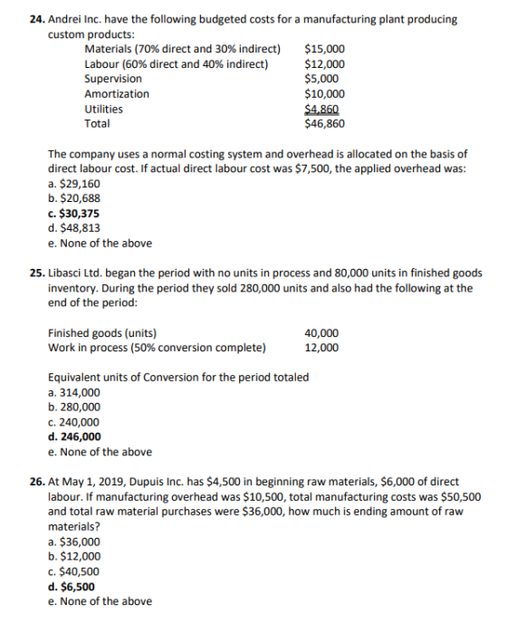 24. Andrei Inc. have the following budgeted costs for a manufacturing plant producing custom products: Materials (70% direct