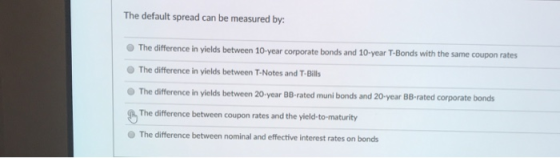 The default spread can be measured by: The difference in yields between 10-year corporate bonds and 10-year T-Bonds with the