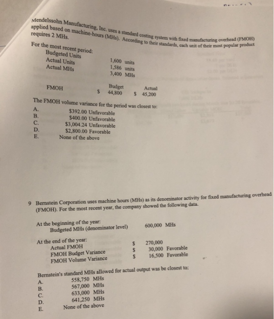 Mendelssohn Manufacturing, Inc. uses a standard costing system with applied based on machine-hours (MHs). According to their