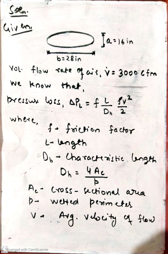 Salon Given. 으 Ja=16 in b=28in vol flow rate of air, v= 3000 (from we know that, pressure was, op = f I were where, fa fricti