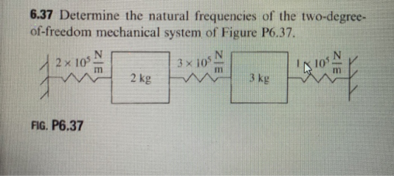 6.37 Determine the natural frequencies of the two-degree- of-freedom mechanical system of Figure P6.37. N N 2 x 10 3 x 10 10