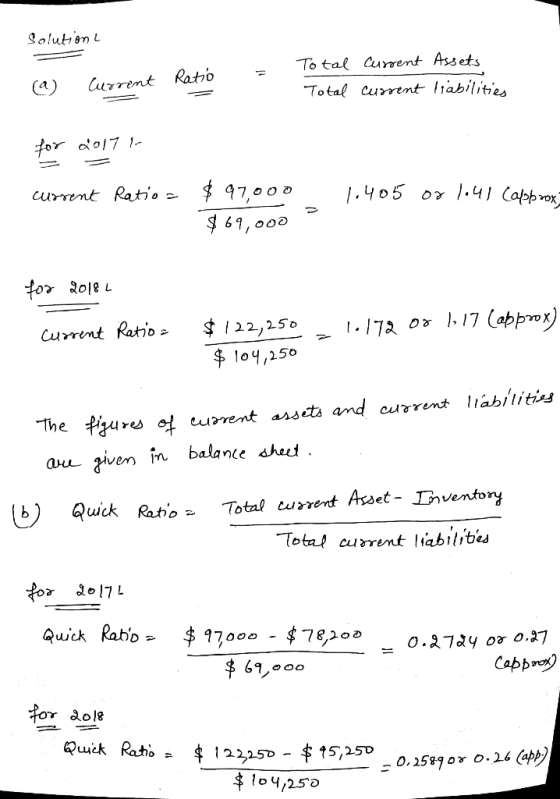 Solution = Total Current Assets Ratio (a) Current Total current liabilities for 2017 current Ratio = $97,000 1.405 or loul (a