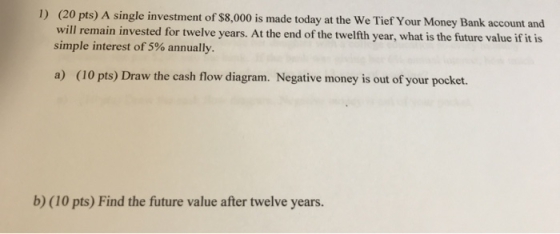 1) (20 pts) A single investment of $8,000 is made today at the We Tief Your Money Bank account and will remain invested for t
