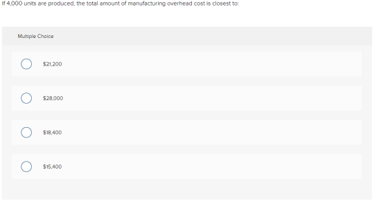 If 4,000 units are produced, the total amount of manufacturing overhead cost is closest to: Multiple Choice o $21,200 $28,000