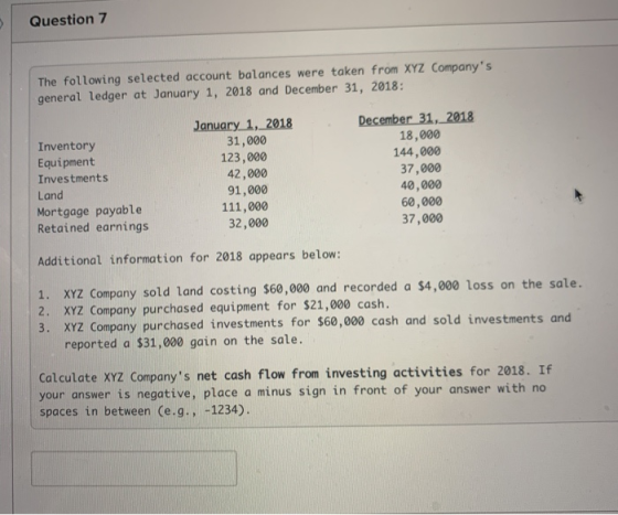 Question 7 The following selected account balances were taken from XYZ Companys general ledger at January 1, 2018 and Decemb