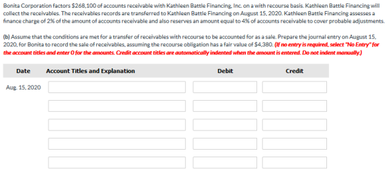 Bonita Corporation factors $268.100 of accounts receivable with Kathleen Battle Financing, Inc. on a with recourse basis. Kat