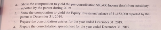 Show the computation to yield the pre-consolidation $80,400 Income (loss) from subsidiary reported by the parent during 2019.