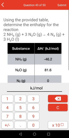 Question 43 of 50 Submit Using the provided table, determine the enthalpy for the reaction 2 NH3(g) + 3 N20 (g) - 4 N2 (9) +