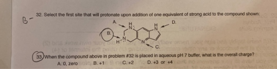BP 32. Select the first site that will protonate upon addition of one equivalent of strong acid to the compound shown: D. H S