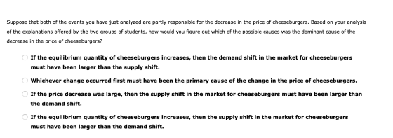 Suppose that both of the events you have just analyzed are partly responsible for the decrease in the price of cheeseburgers.