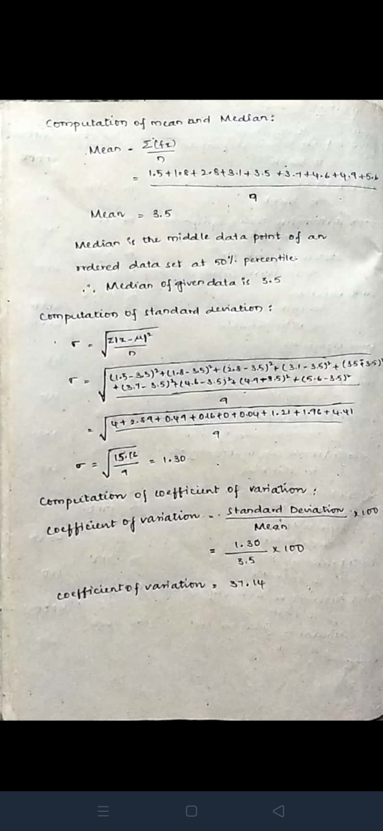 computation of mean and Median: Mean Elfe) 1.5+10&+ 2.8+3.1+3.5 +3.7+4-6+4.1+5.6 9 Mean 3.5 Median is the middle data point o