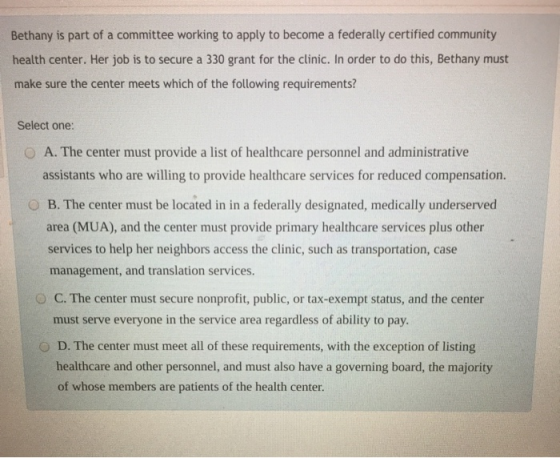 Bethany is part of a committee working to apply to become a federally certified community health center. Her job is to secure