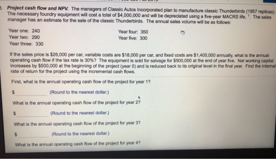3. Project cash flow and NPV. The managers of Classic Autos Incorporated plan to manufacture classic Thunderbirds (1957 repli