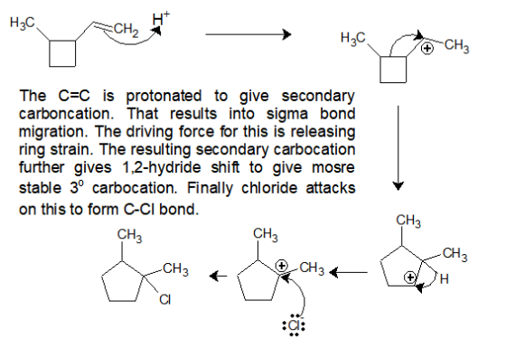 - H₃C CH₃ The CEC is protonated to give secondary carboncation. That results into sigma bond migration. The driving force for