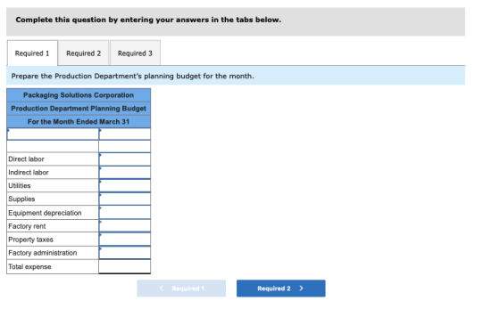 Complete this question by entering your answers in the tabs below. Required 1 Required 2 Required 3 Prepare the Production De