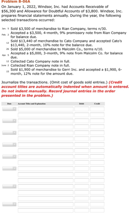 Problem 8-06A On January 1, 2022, Windsor, Inc. had Accounts Receivable of $56,300 and Allowance for Doubtful Accounts of $3,