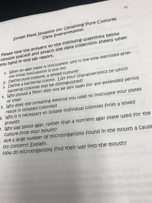 Streak Place Isolation for Obtaining Pure Cultures Data Interpretation Please type the answers to the following questions bel